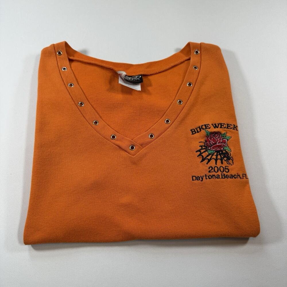 2005 Bike Week Daytona Beach FL Rivet Slim Logo T-Shirt - Orange Wms X-Large
